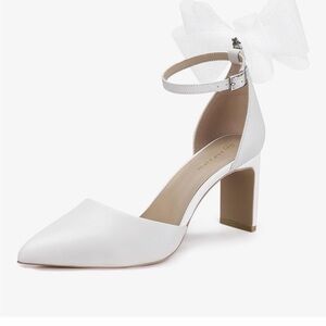 White Ankle-Strap Pointed Toe Block Heel Pump